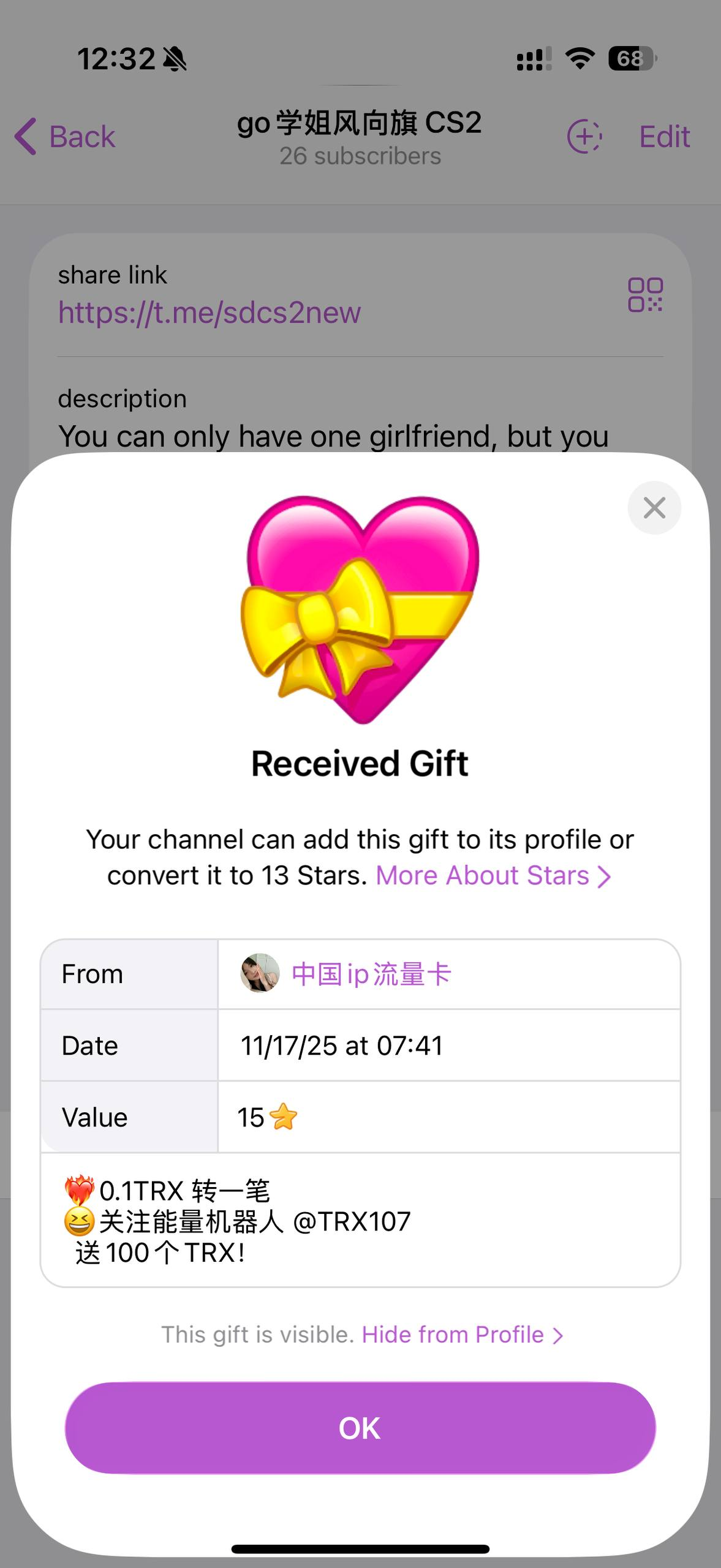 Refreshed Telegram profile or conversation panel