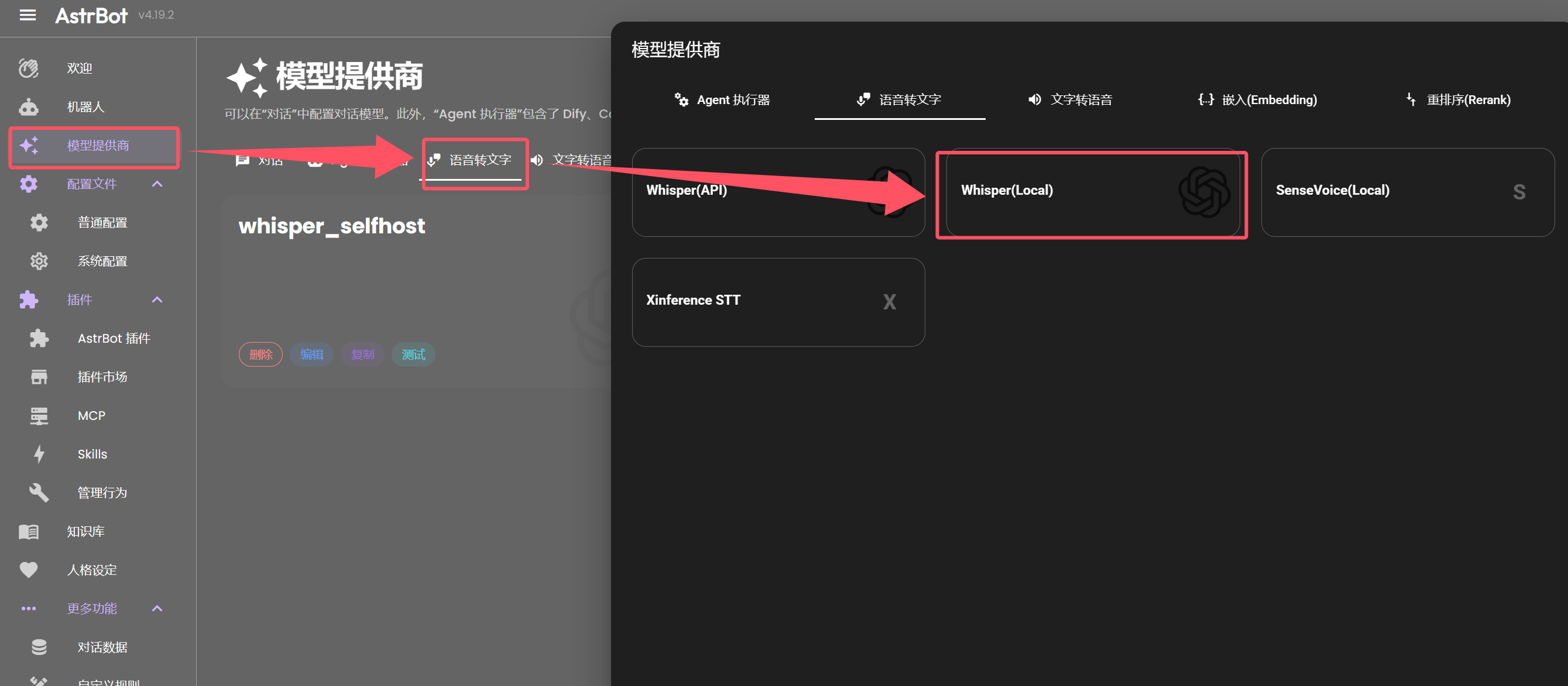 Local Whisper provider and model settings