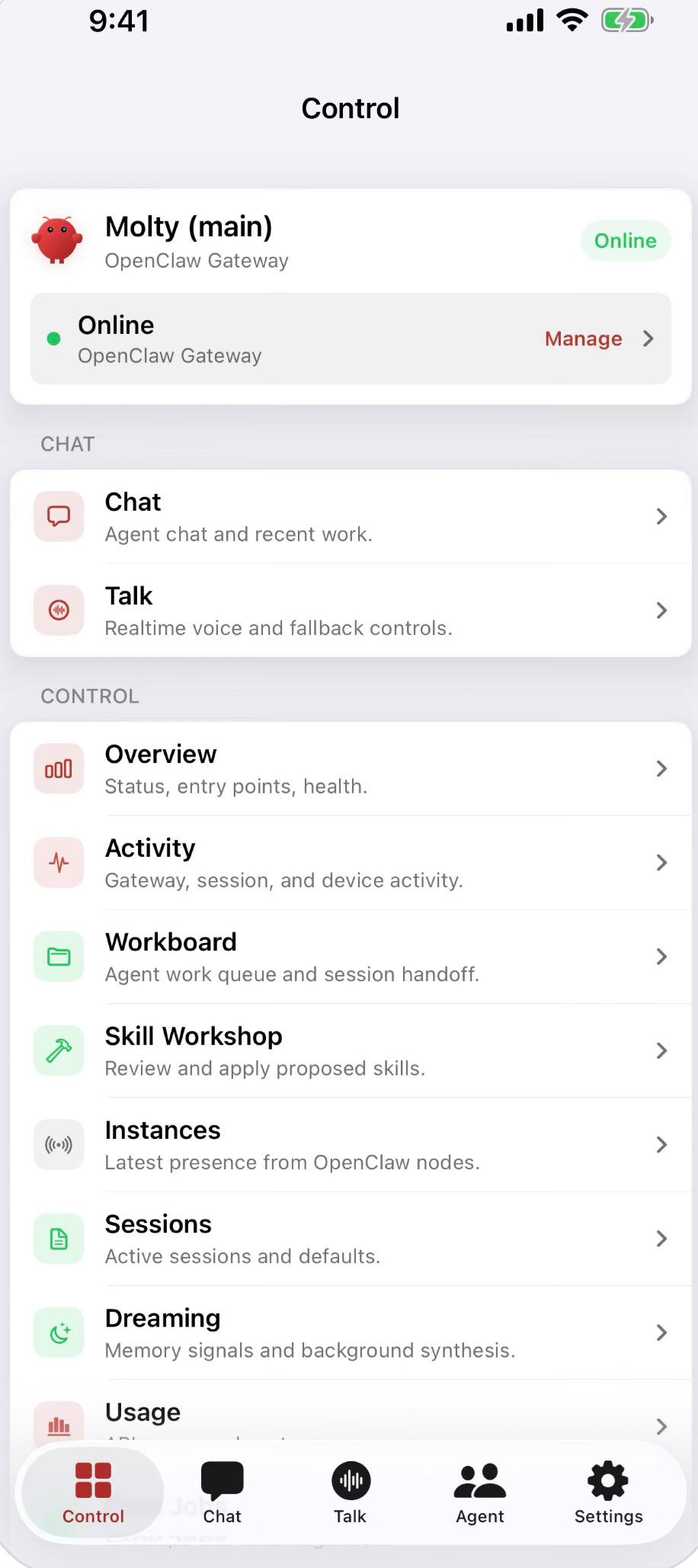 OpenClaw iOS mobile app interface
