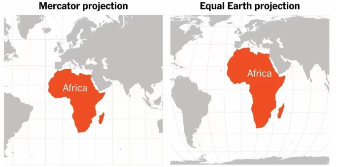 Equal Earth projection showing the relative sizes of continents