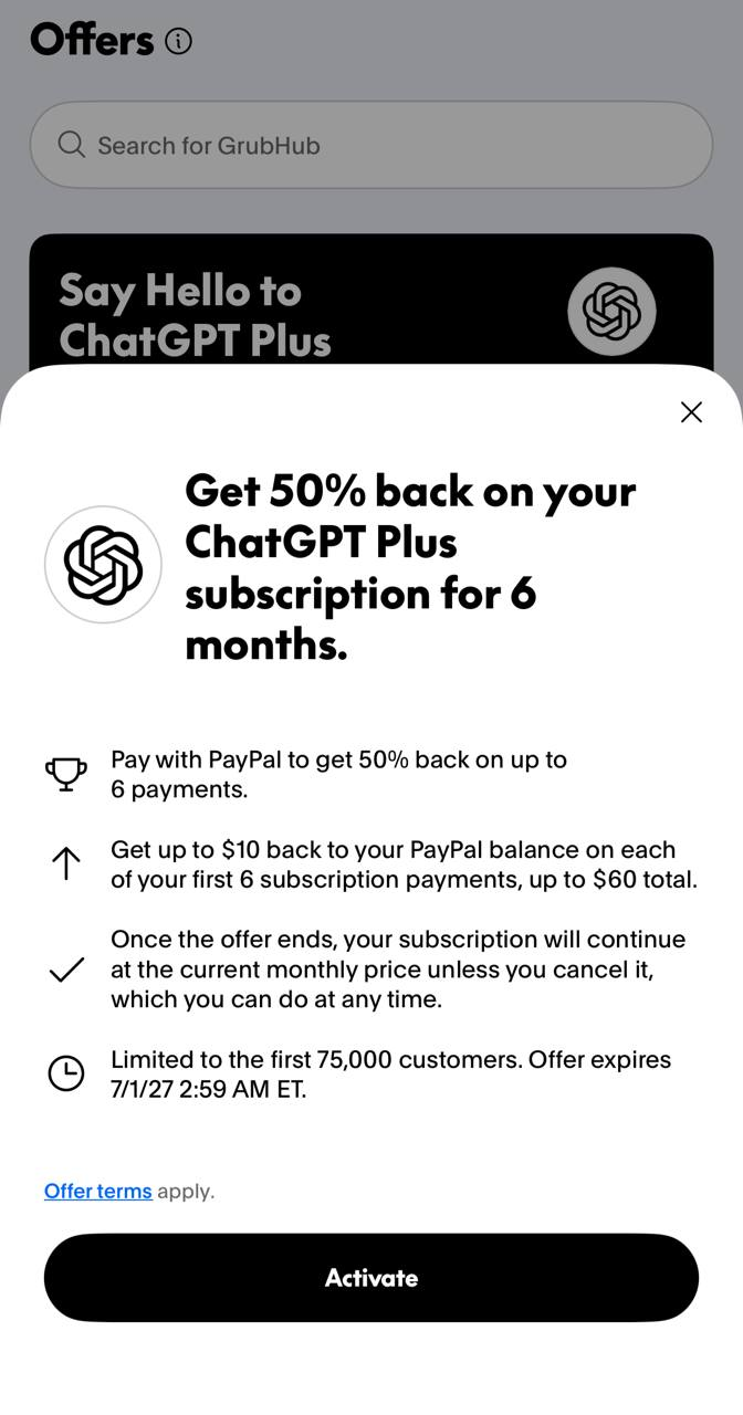PayPal promotion for ChatGPT Plus shown in the original post
