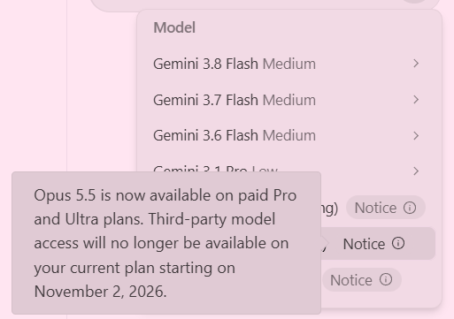 Claude Opus 5.5 availability notice in Google Antigravity