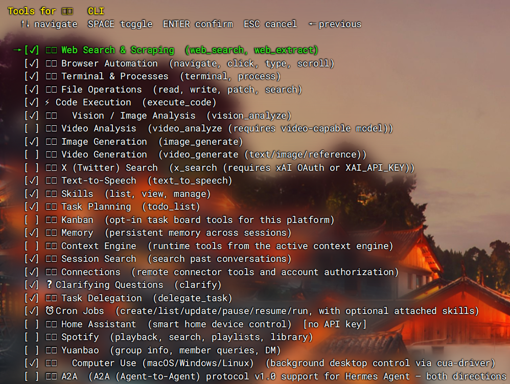 Hermes Agent setup wizard showing selectable CLI tools